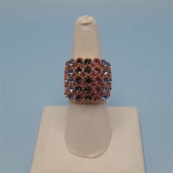Multicolored Rhinestone Wide Band Ring, Rose Gold Tone, Size 7.75 - Picture 12 of 14
